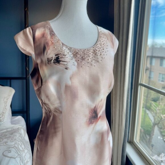 Jacques Vert Beige Brown Shimmer Floral Cocktail Dress - Picture 4 of 12